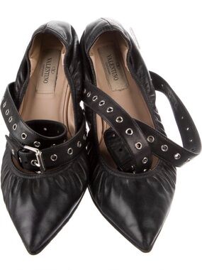 Valentino Black Leather Pointed-Toe Flats with Grommet Strap Detail